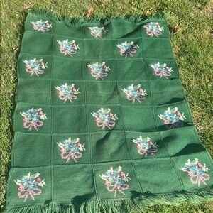 Green Knitted Blanket with Floral Design vintage